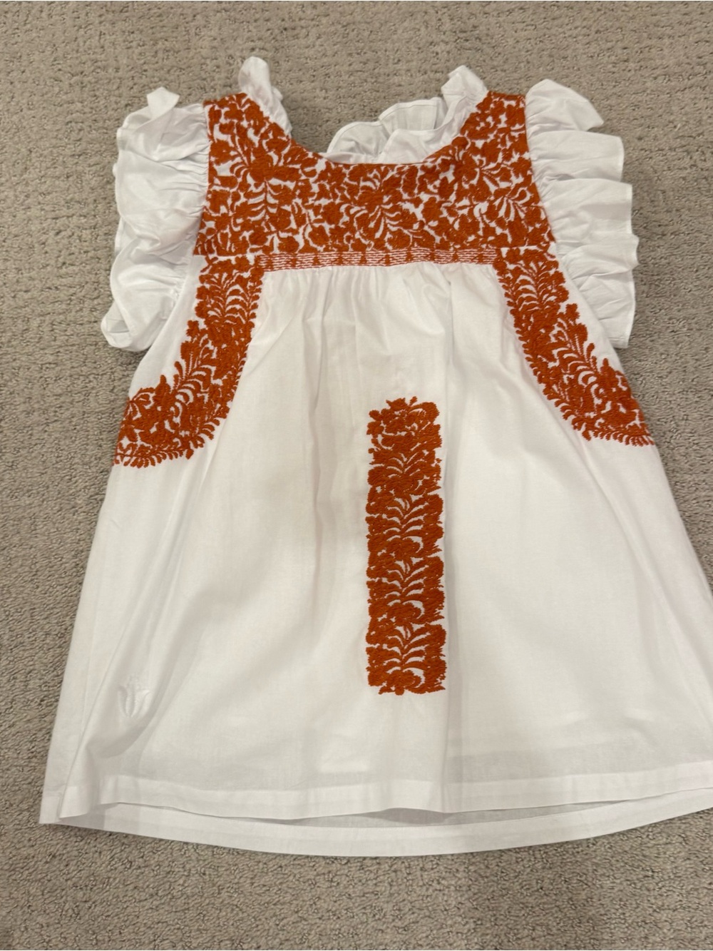 White Girls' Flutter Sleeve Top with Rust Embroidery